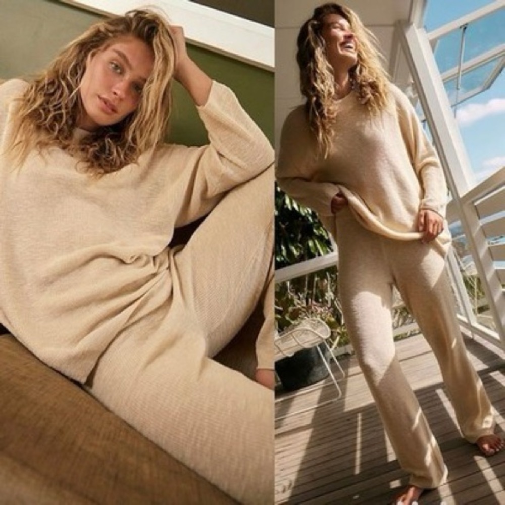 FREE PEOPLE Beach Malibu Solid Sweater Pants Surf Set Size Large Beige